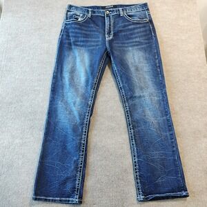 True Luck Jeans Mens 38x32 Straight Leg Flap Pocket Thick Stitch Flex Denim Blue